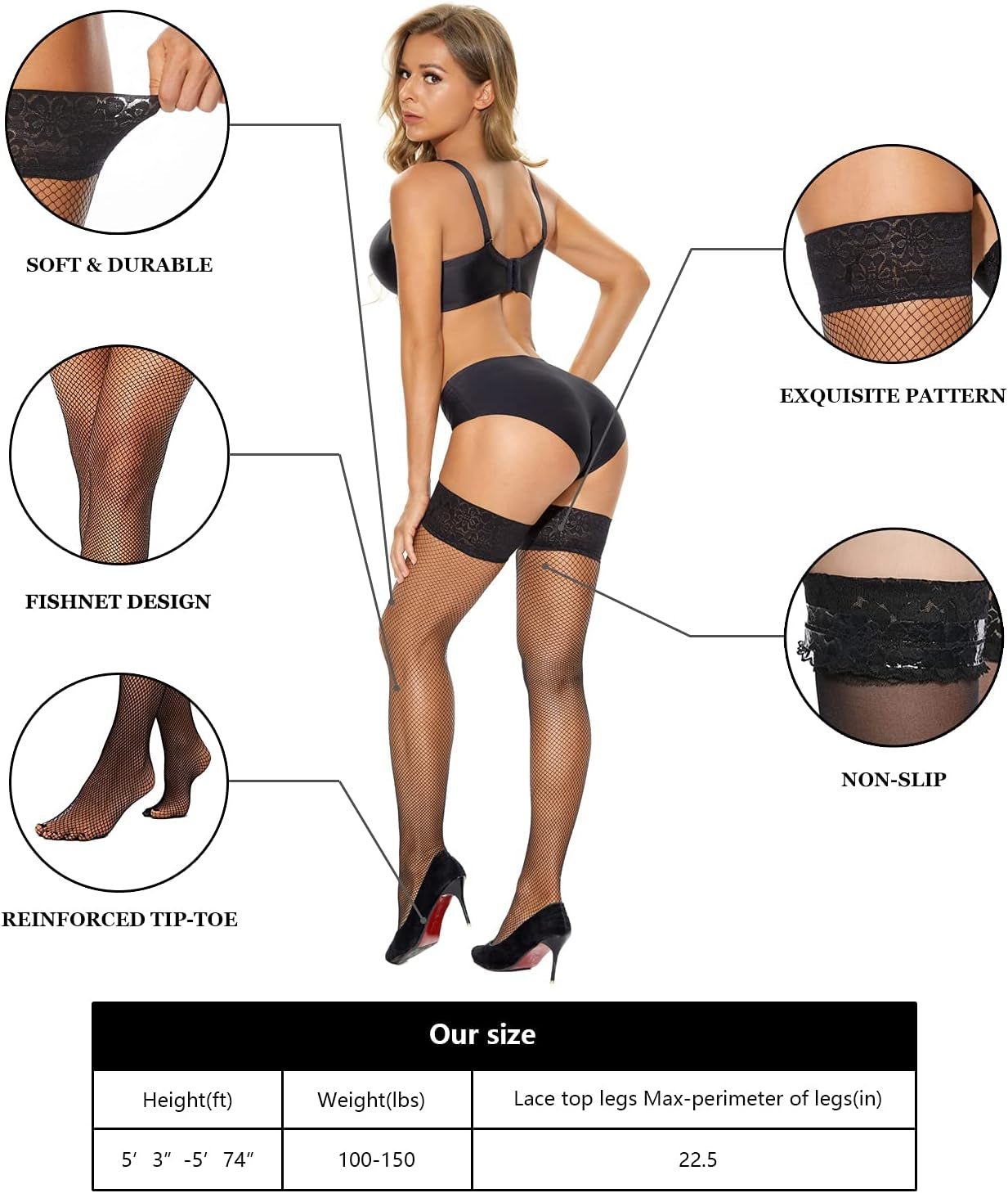 2 Packs Fishnets Thigh High Stockings Silicone Lace Top Thigh Highs , Stay up Sheer Nylon Hosiery for Women Black