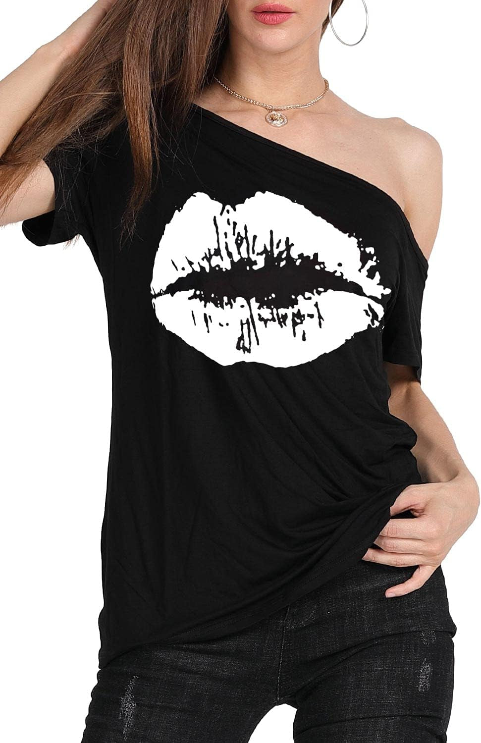 Women’S Short Lips Print Causal off the Shoulder plus Size T-Shirt Tops