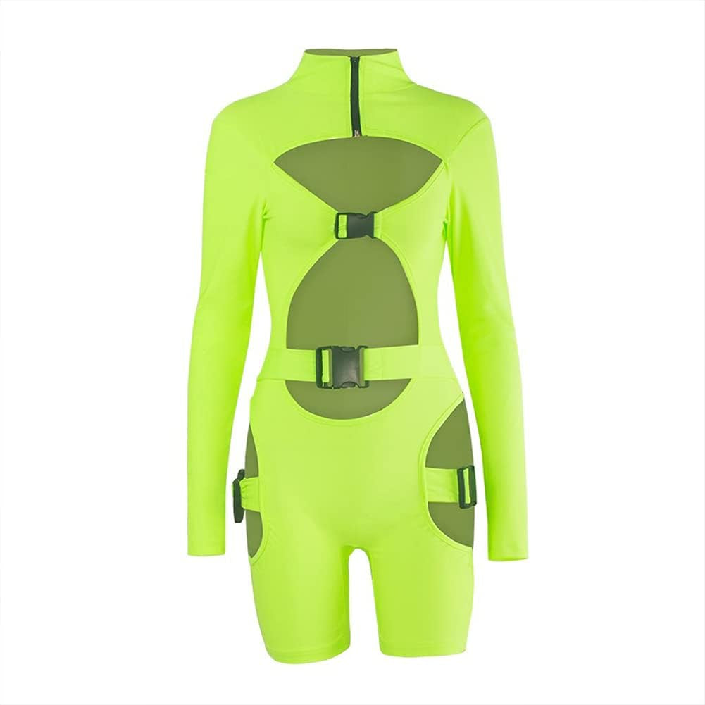 Sexy Bodycon Jumpsuit for Women Buckle Jumpsuit Hollow Out Buckle Biker Short Clubwear High Neck Bodysuit Cut Out Front Zip Romper Overalls Long Sleeve Bandage One Piece Nightclub Outfit Green Medium