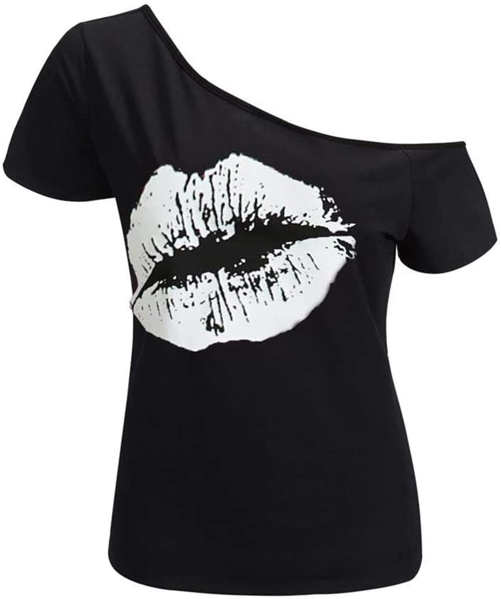 Women’S Short Lips Print Causal off the Shoulder plus Size T-Shirt Tops