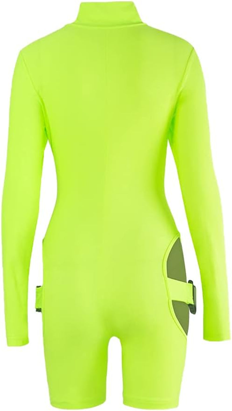 Sexy Bodycon Jumpsuit for Women Buckle Jumpsuit Hollow Out Buckle Biker Short Clubwear High Neck Bodysuit Cut Out Front Zip Romper Overalls Long Sleeve Bandage One Piece Nightclub Outfit Green Medium