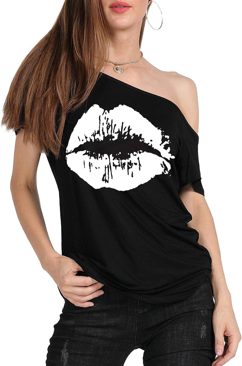 Women’S Short Lips Print Causal off the Shoulder plus Size T-Shirt Tops