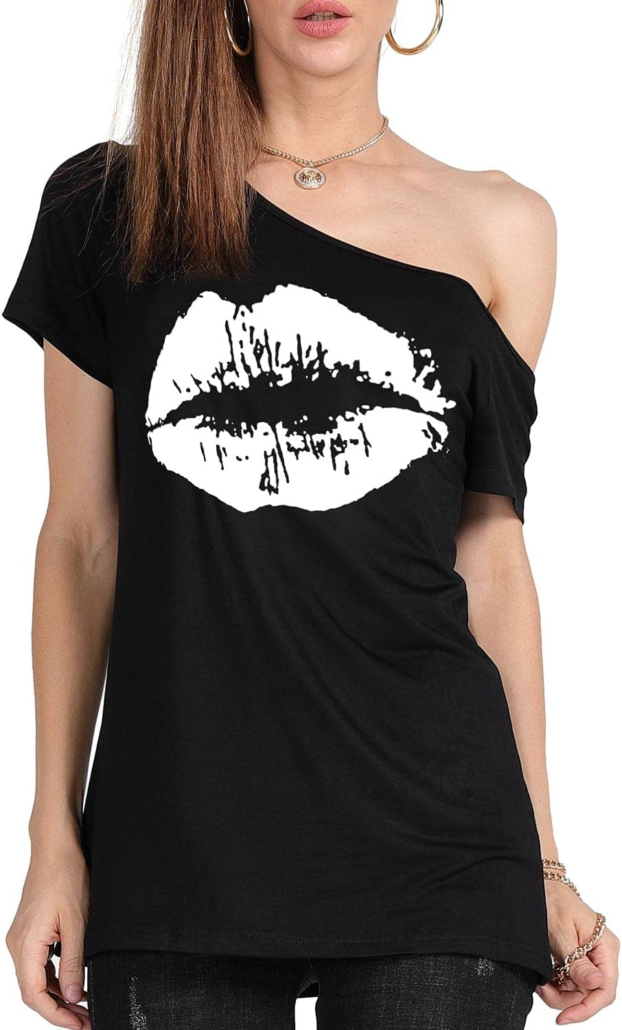 Women’S Short Lips Print Causal off the Shoulder plus Size T-Shirt Tops