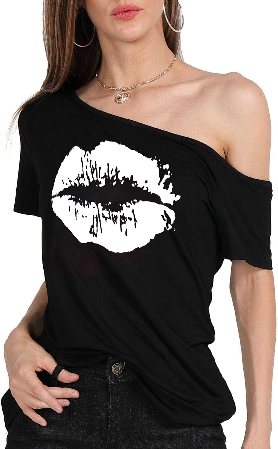 Women’S Short Lips Print Causal off the Shoulder plus Size T-Shirt Tops