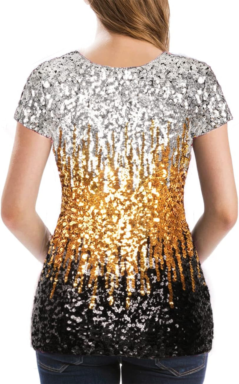 Women’S Full Sequin Tops Glitter Party Shirt Short Sleeve Sparkle Blouses S-4X
