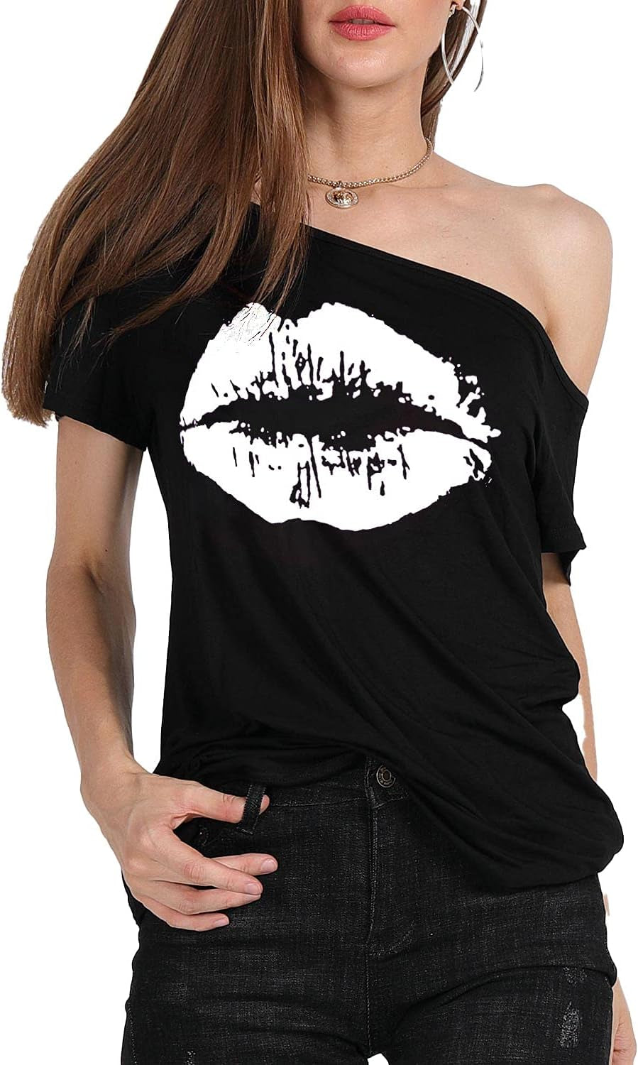 Women’S Short Lips Print Causal off the Shoulder plus Size T-Shirt Tops