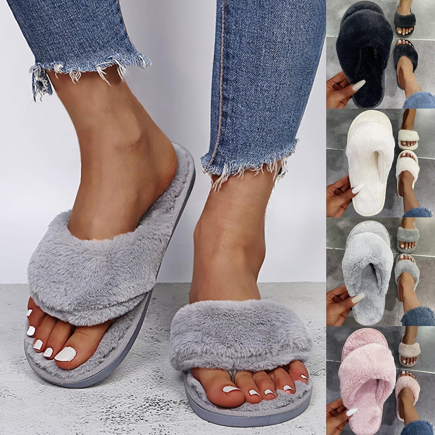Slippers for Women Plush Furry Flat Flops Clip Toe Womens Sandals Open Toe Slip on Shoes Casual House Slipper