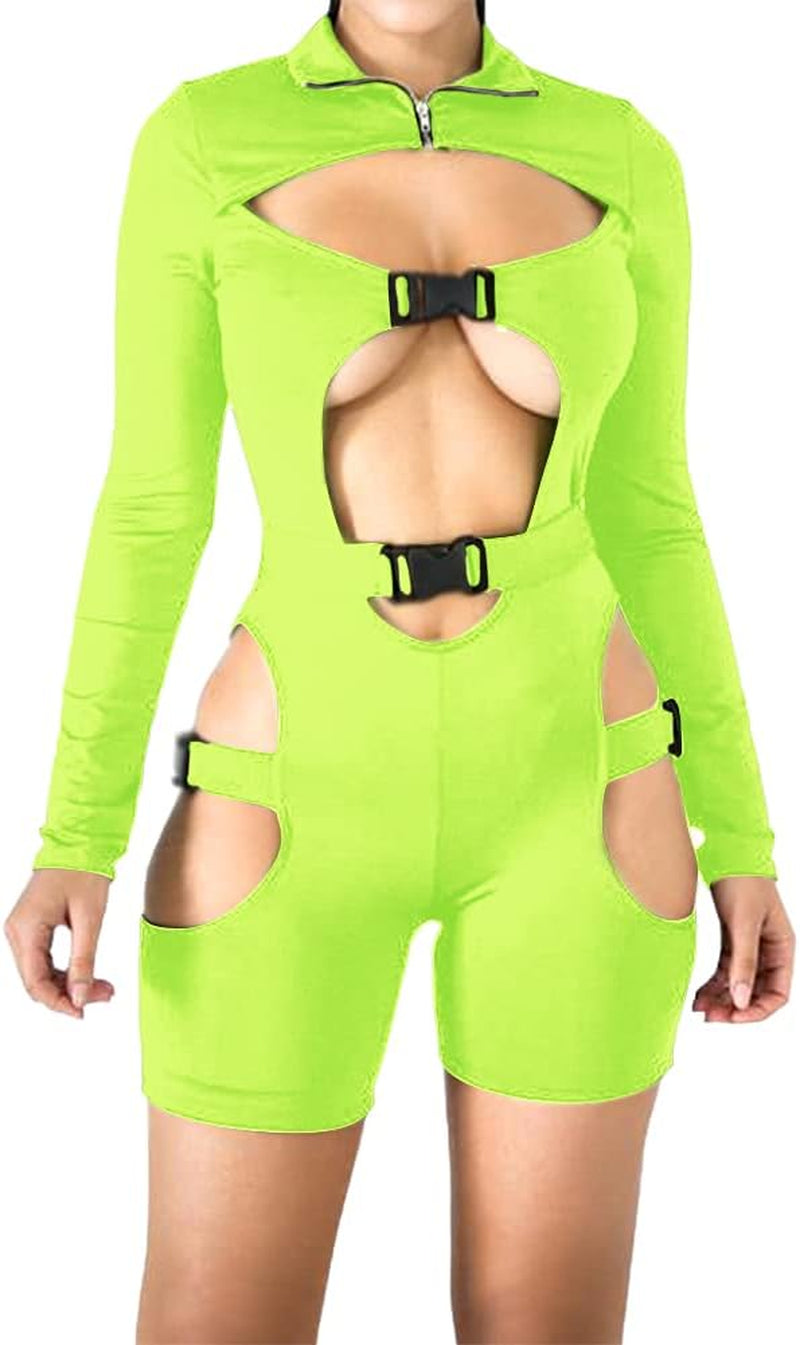 Sexy Bodycon Jumpsuit for Women Buckle Jumpsuit Hollow Out Buckle Biker Short Clubwear High Neck Bodysuit Cut Out Front Zip Romper Overalls Long Sleeve Bandage One Piece Nightclub Outfit Green Medium