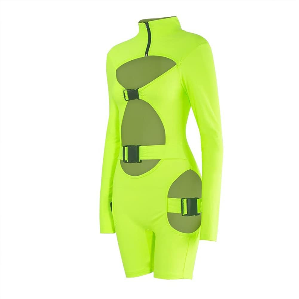Sexy Bodycon Jumpsuit for Women Buckle Jumpsuit Hollow Out Buckle Biker Short Clubwear High Neck Bodysuit Cut Out Front Zip Romper Overalls Long Sleeve Bandage One Piece Nightclub Outfit Green Medium