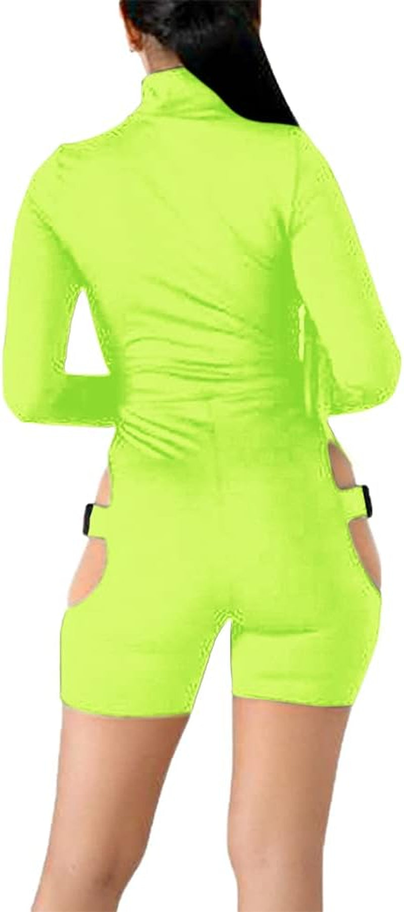 Sexy Bodycon Jumpsuit for Women Buckle Jumpsuit Hollow Out Buckle Biker Short Clubwear High Neck Bodysuit Cut Out Front Zip Romper Overalls Long Sleeve Bandage One Piece Nightclub Outfit Green Medium